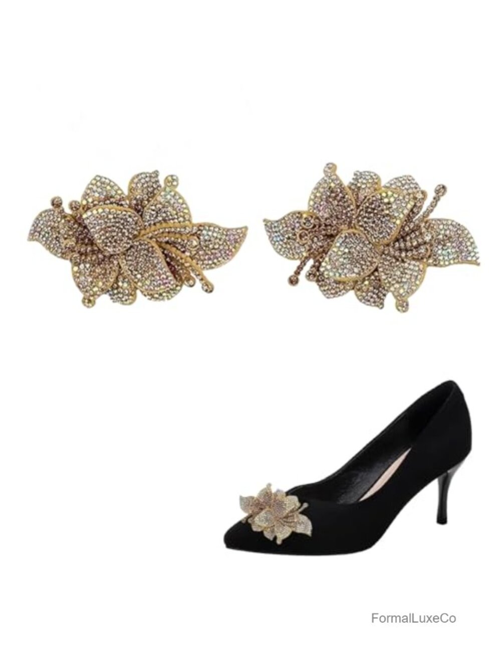 2Pcs Flower Rhinestone Shoe Clips Gold-Tone Metal Buckle Embellishments for